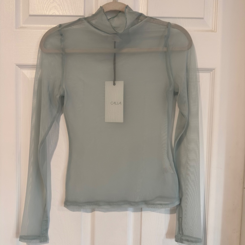 CALIA Draped Funnel Long Sleeve Mesh Top Smoked Turquoise WAX27 XS - Picture 2 of 7